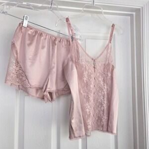 Vanity Fair Vtg Pink Camisole And Short Set Size‎ 34 Nylon Lace Lingerie USA